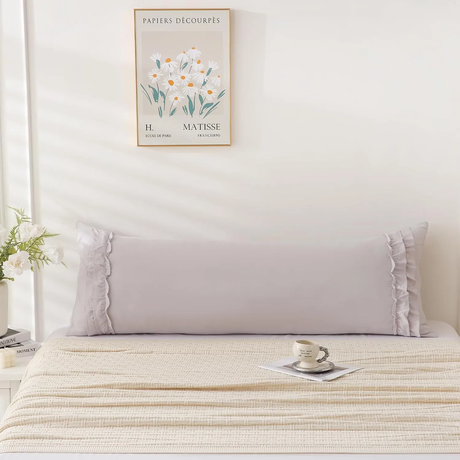 Herside Beige Gray Body Pillow Cover,Ruffle Pillow Sham,20x54 inches Body Pillow Case,French Country Vintage Ruffled Long Pillow Cover,Cute Bow Pillowcase 1 Pack Ultra Soft Washed Microfiber
