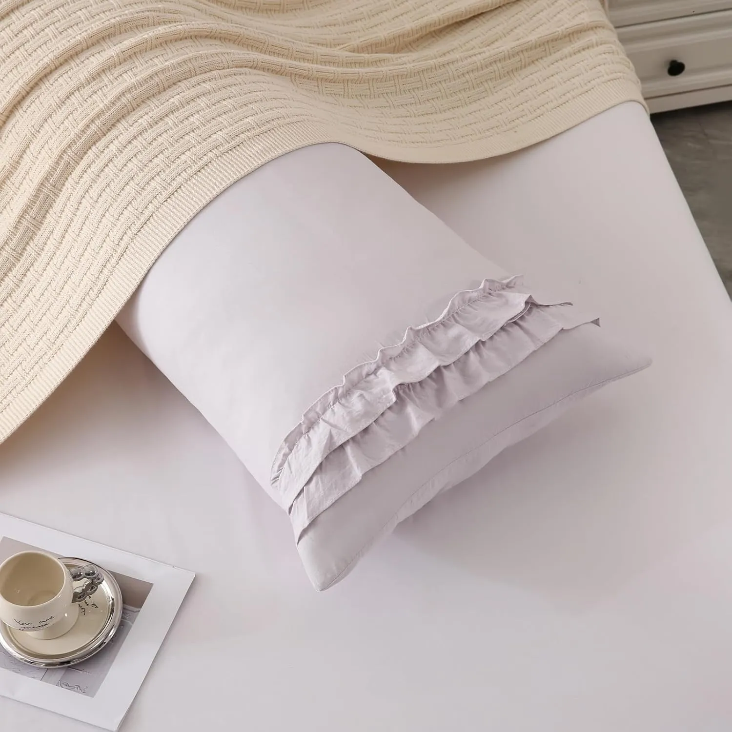 Herside Beige Gray Body Pillow Cover,Ruffle Pillow Sham,20x54 inches Body Pillow Case,French Country Vintage Ruffled Long Pillow Cover,Cute Bow Pillowcase 1 Pack Ultra Soft Washed Microfiber