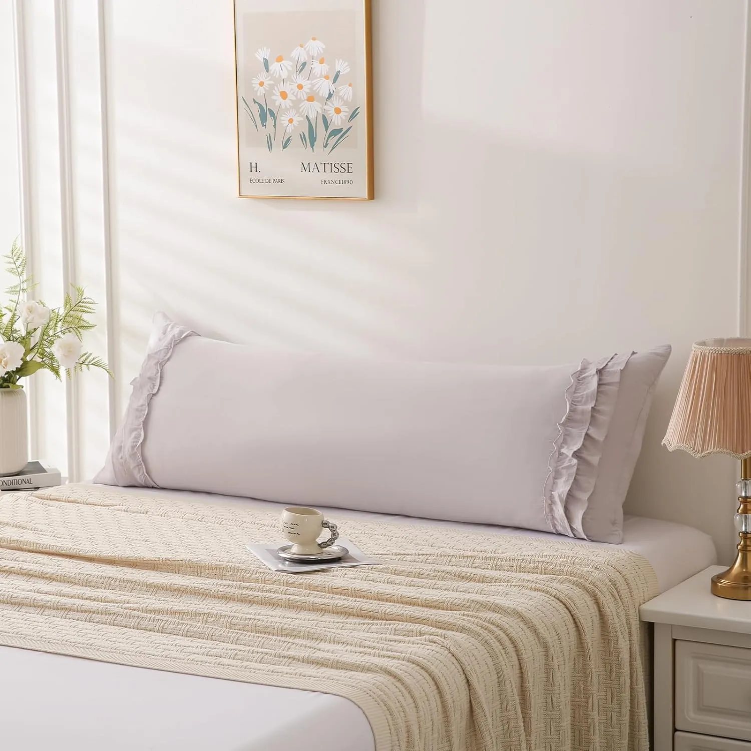 Herside Beige Gray Body Pillow Cover,Ruffle Pillow Sham,20x54 inches Body Pillow Case,French Country Vintage Ruffled Long Pillow Cover,Cute Bow Pillowcase 1 Pack Ultra Soft Washed Microfiber