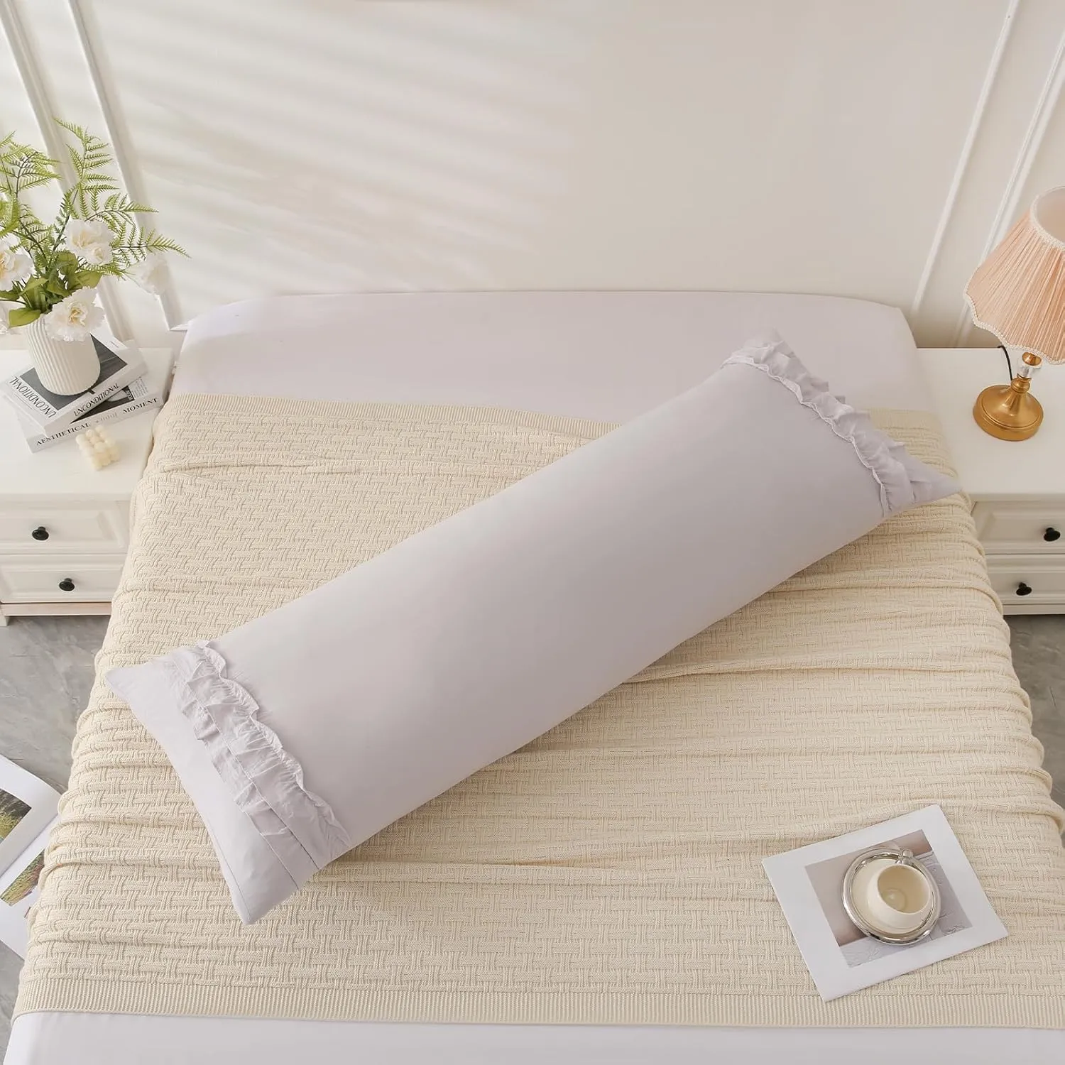 Herside Beige Gray Body Pillow Cover,Ruffle Pillow Sham,20x54 inches Body Pillow Case,French Country Vintage Ruffled Long Pillow Cover,Cute Bow Pillowcase 1 Pack Ultra Soft Washed Microfiber