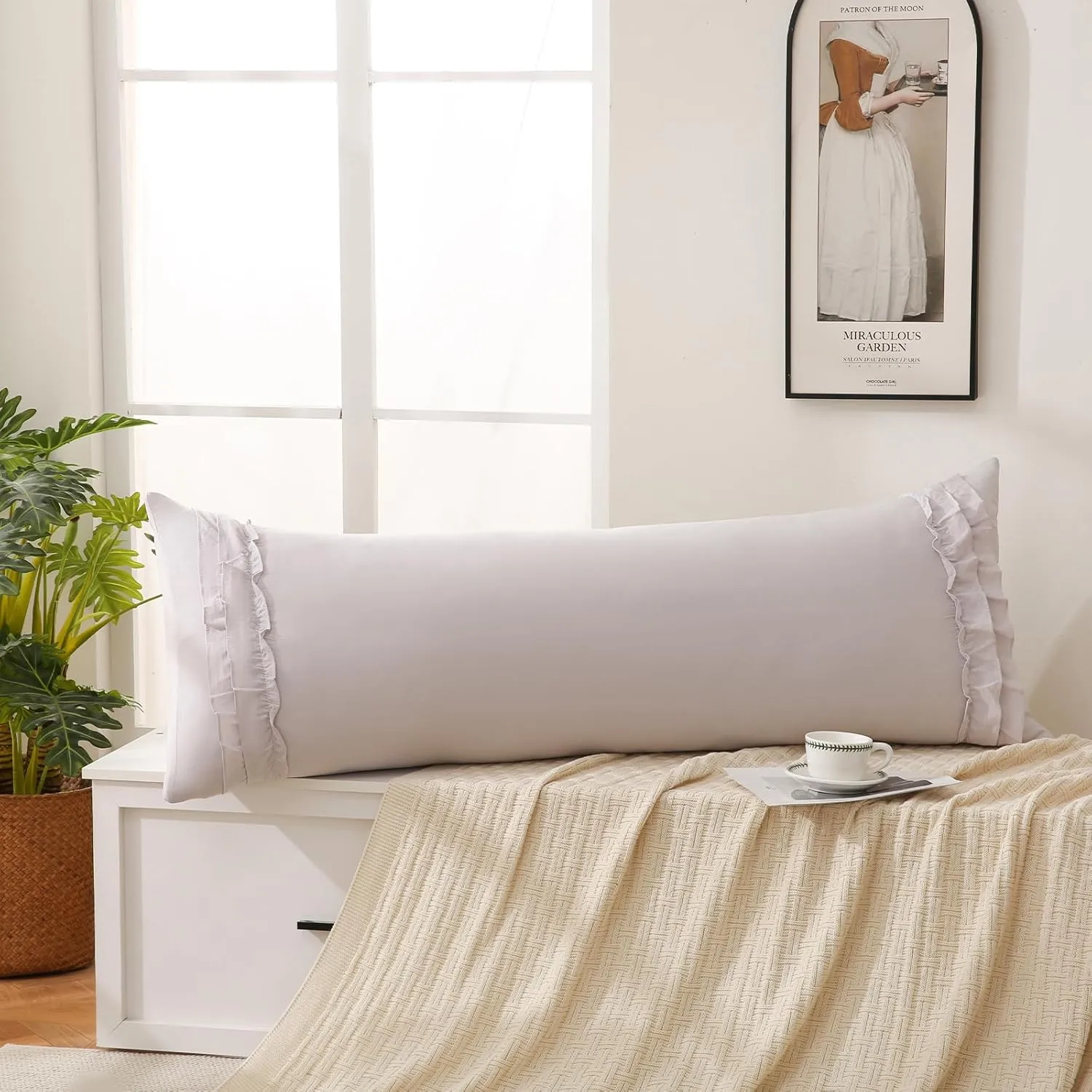 Herside Beige Gray Body Pillow Cover,Ruffle Pillow Sham,20x54 inches Body Pillow Case,French Country Vintage Ruffled Long Pillow Cover,Cute Bow Pillowcase 1 Pack Ultra Soft Washed Microfiber