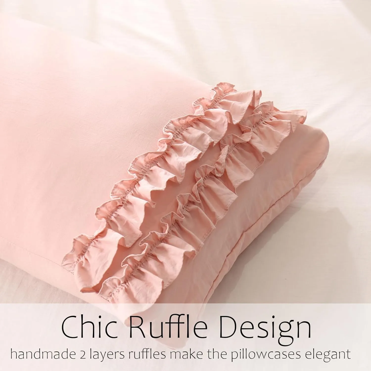 Herside French Country Vintage Ruffled Body Pillow Cover - 20x54, Ultra Soft Washed Microfiber with Pink Bow, 1 Pack