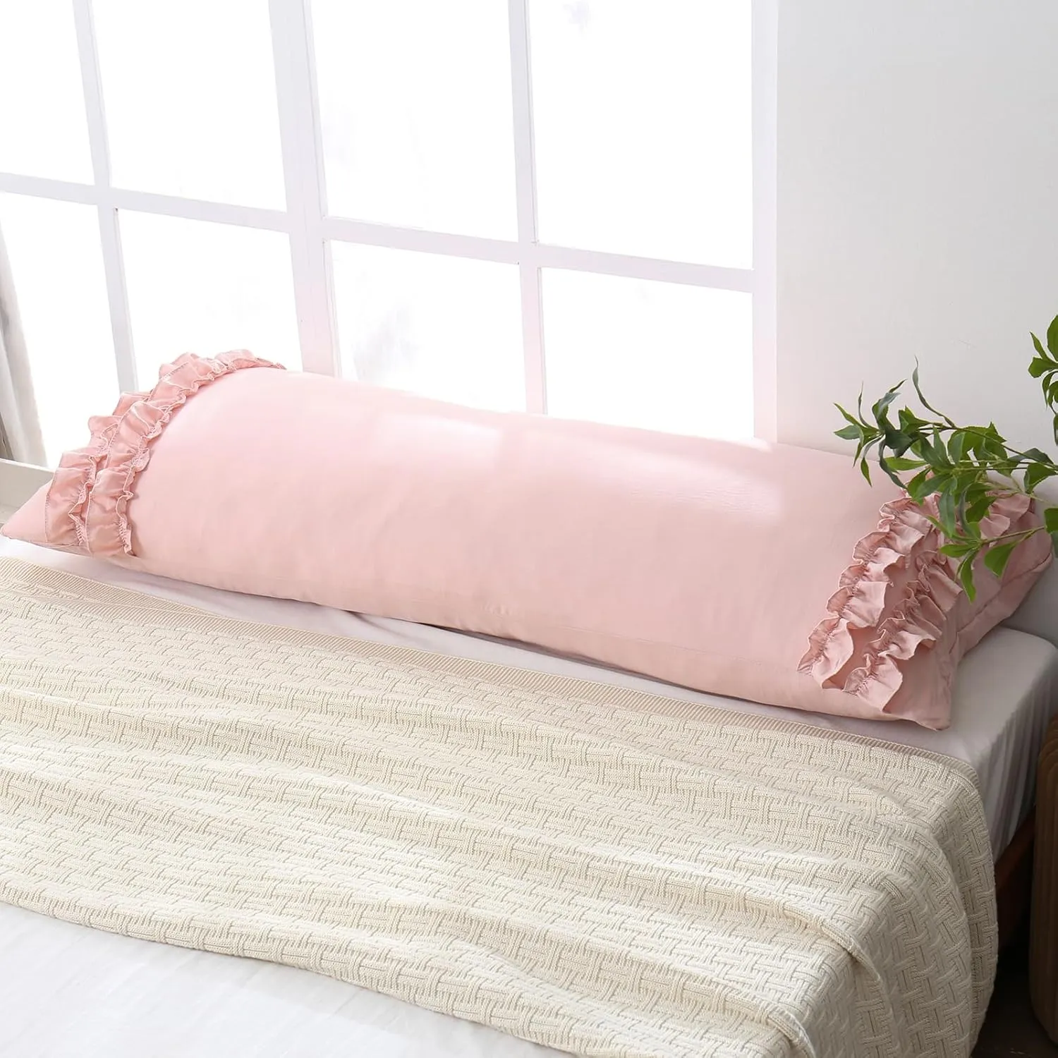 Herside French Country Vintage Ruffled Body Pillow Cover - 20x54, Ultra Soft Washed Microfiber with Pink Bow, 1 Pack