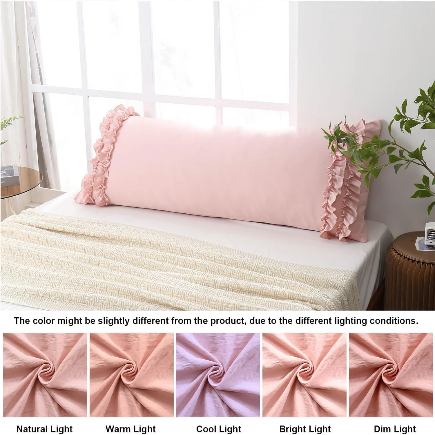 Herside French Country Vintage Ruffled Body Pillow Cover - 20x54, Ultra Soft Washed Microfiber with Pink Bow, 1 Pack