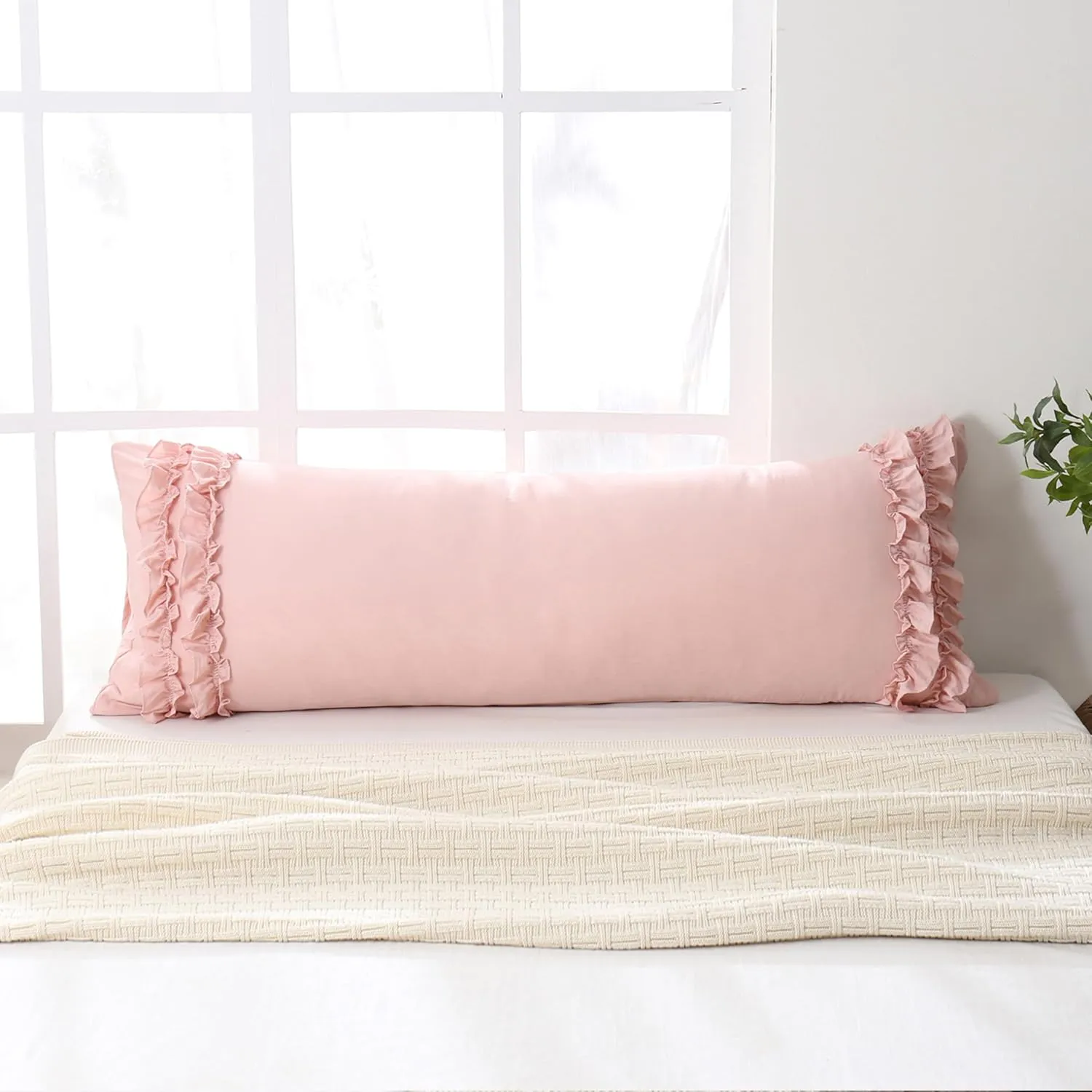 Herside French Country Vintage Ruffled Body Pillow Cover - 20x54, Ultra Soft Washed Microfiber with Pink Bow, 1 Pack