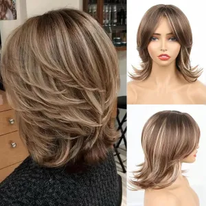 Highlight Ombre Blonde mix Light Brown Bob Layered Wigs with Curtain Bangs for White Women,Synthetic Short Straight Ombre Blonde with Dark Roots Shaggy Wig Brown Wig for Black Women