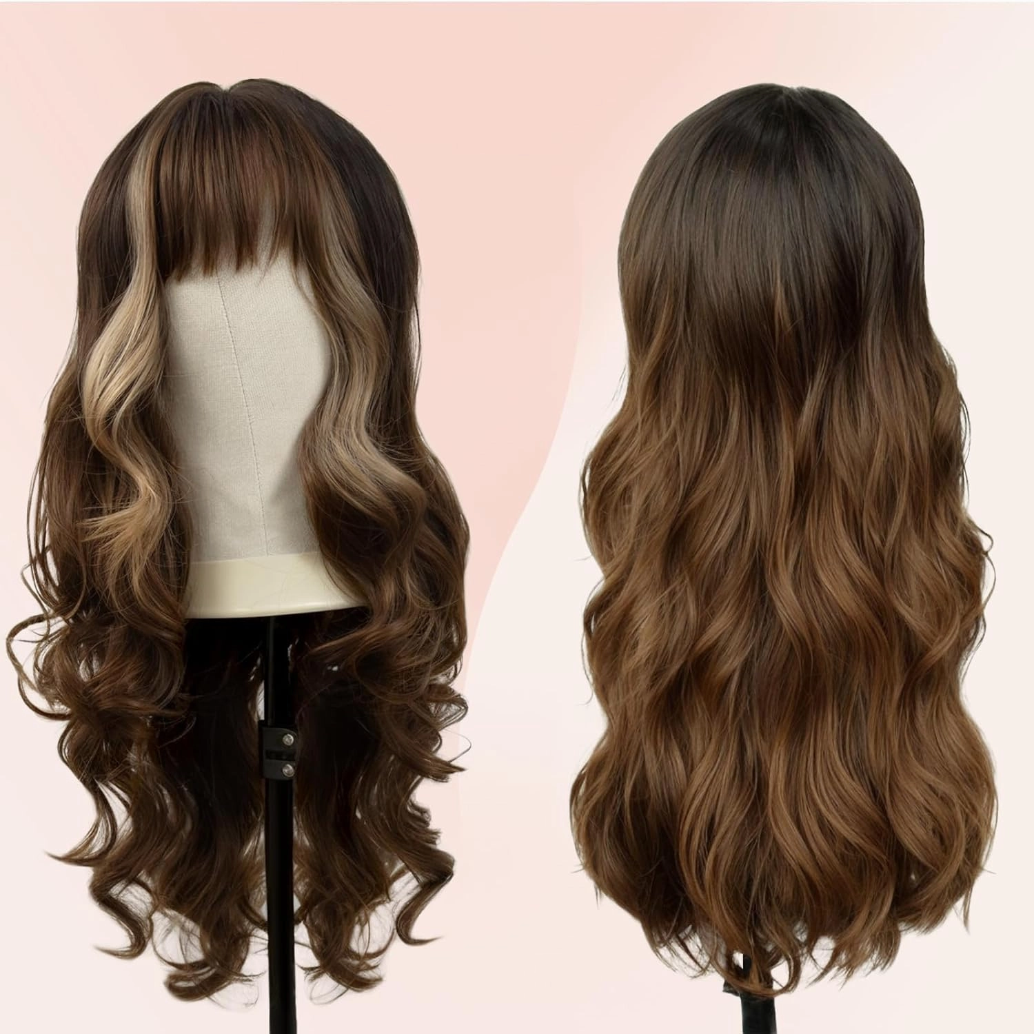 Highlight Brown Wavy Wig For Women - 26'' Long Brown Highlighted Blonde Wigs with Bangs, Natural Looking Synthetic Wig, Long Wavy Curly Wigs for Daily Halloween Cosplay