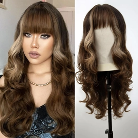 Highlight Brown Wavy Wig For Women - 26'' Long Brown Highlighted Blonde Wigs with Bangs, Natural Looking Synthetic Wig, Long Wavy Curly Wigs for Daily Halloween Cosplay