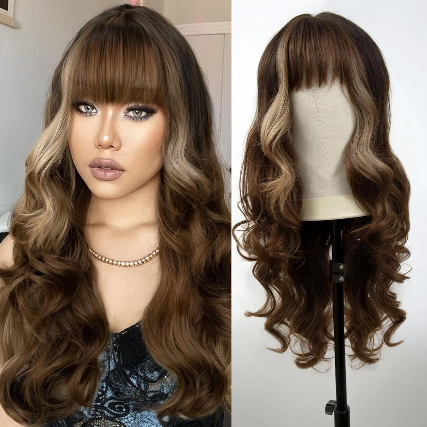 Highlight Brown Wavy Wig For Women - 26'' Long Brown Highlighted Blonde Wigs with Bangs, Natural Looking Synthetic Wig, Long Wavy Curly Wigs for Daily Halloween Cosplay