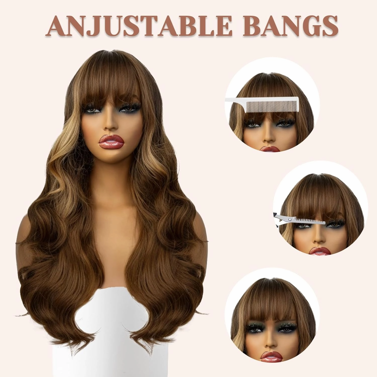 Highlight Brown Wavy Wig For Women - 26'' Long Brown Highlighted Blonde Wigs with Bangs, Natural Looking Synthetic Wig, Long Wavy Curly Wigs for Daily Halloween Cosplay