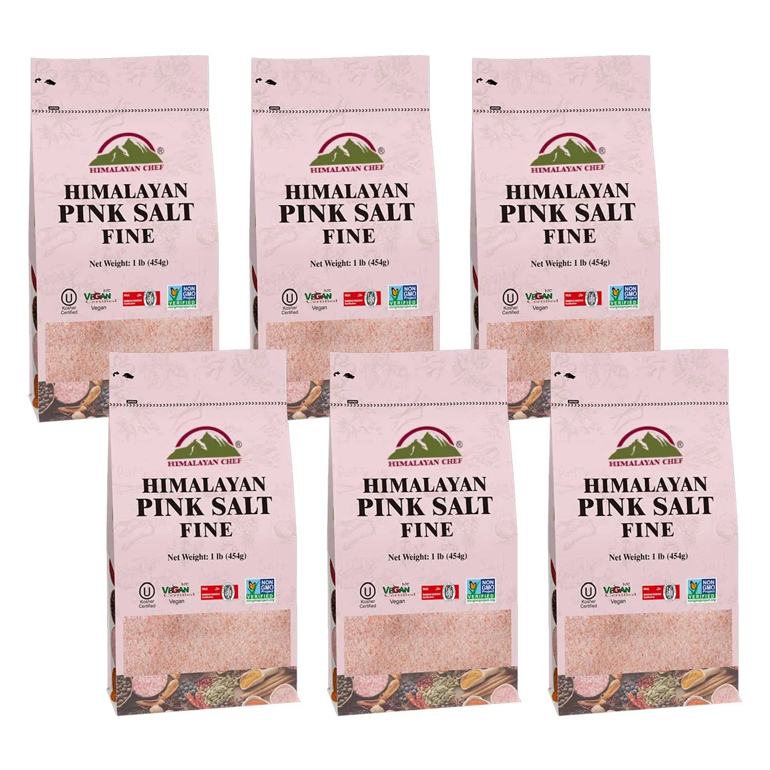 Himalayan Chef 100% Natural Himalayan Pink salt, Fine Grains Bag, Incredible Taste - 1 LBS Each | Pack of 6