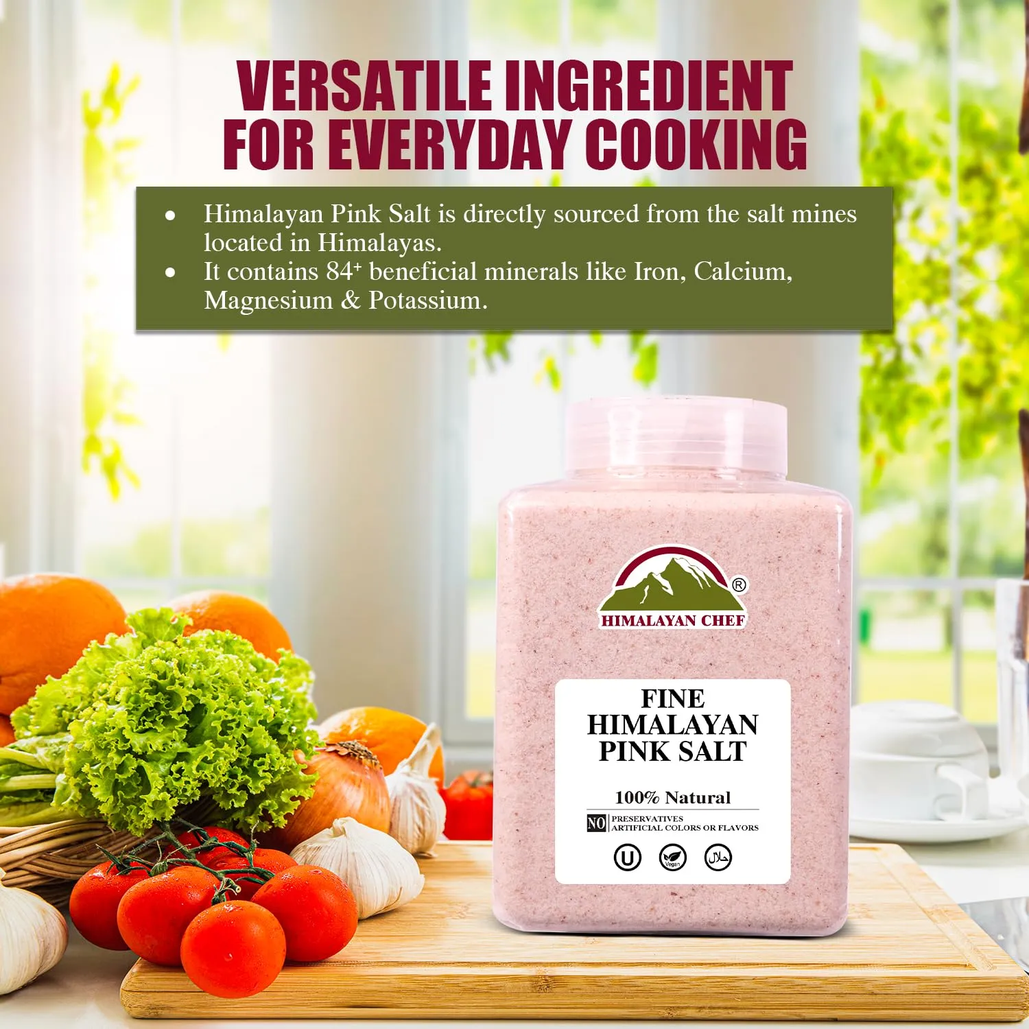 Himalayan Chef Pink Salt Fine Grain, Plastic Jar - 5lbs GMO & Gluten-Free