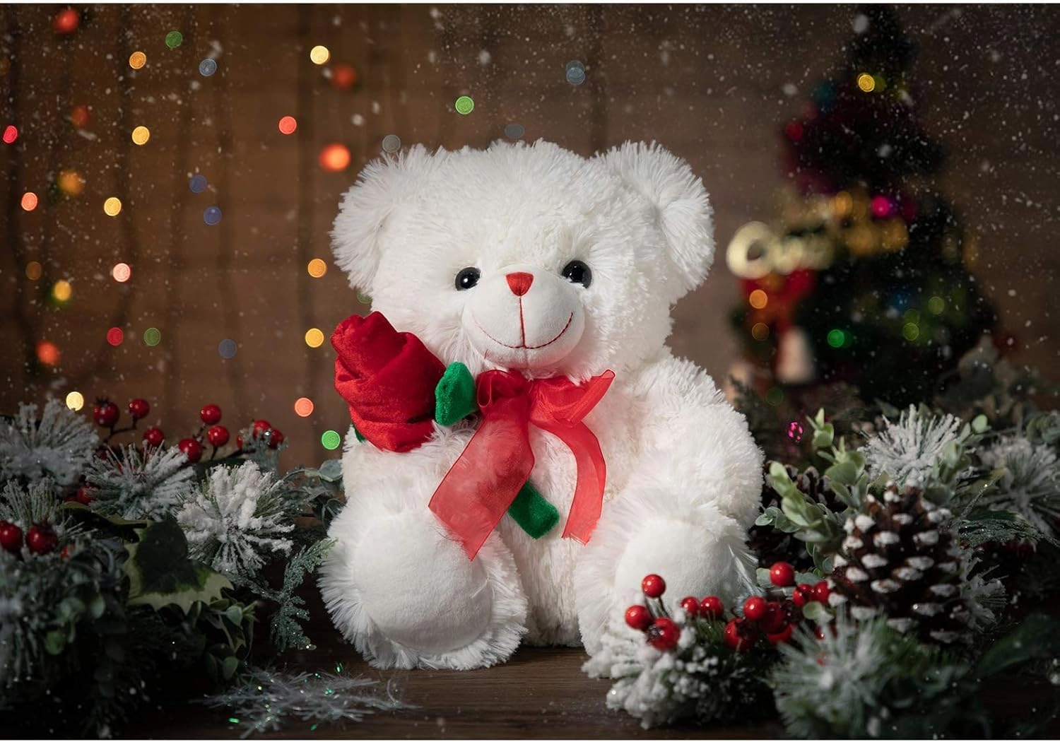 HollyHOME Teddy Bear Stuffed Animal Rose Bear with Red Bow Soft Plush Toy Holiday Toy Gift 12 Inches White