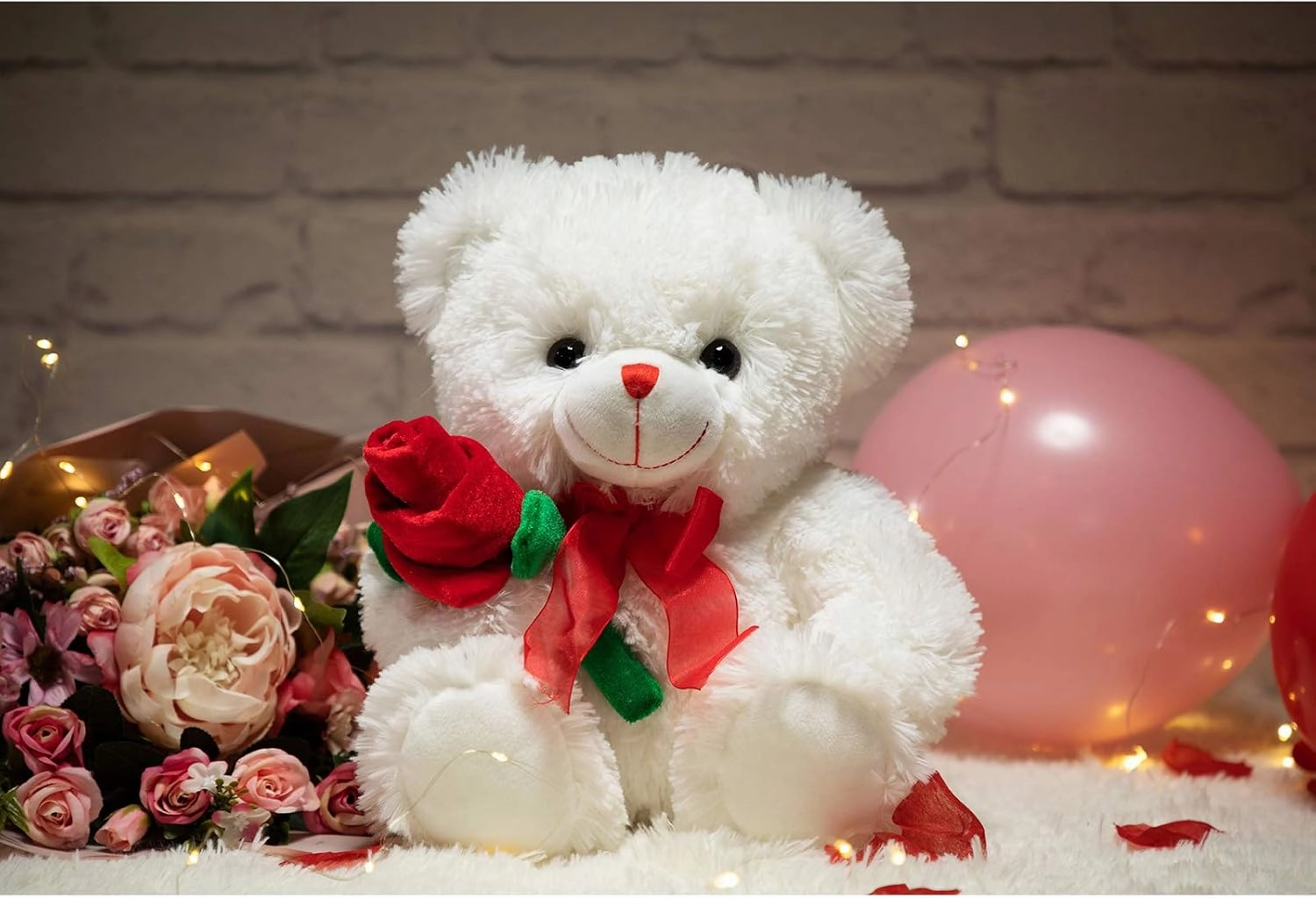 HollyHOME Teddy Bear Stuffed Animal Rose Bear with Red Bow Soft Plush Toy Holiday Toy Gift 12 Inches White