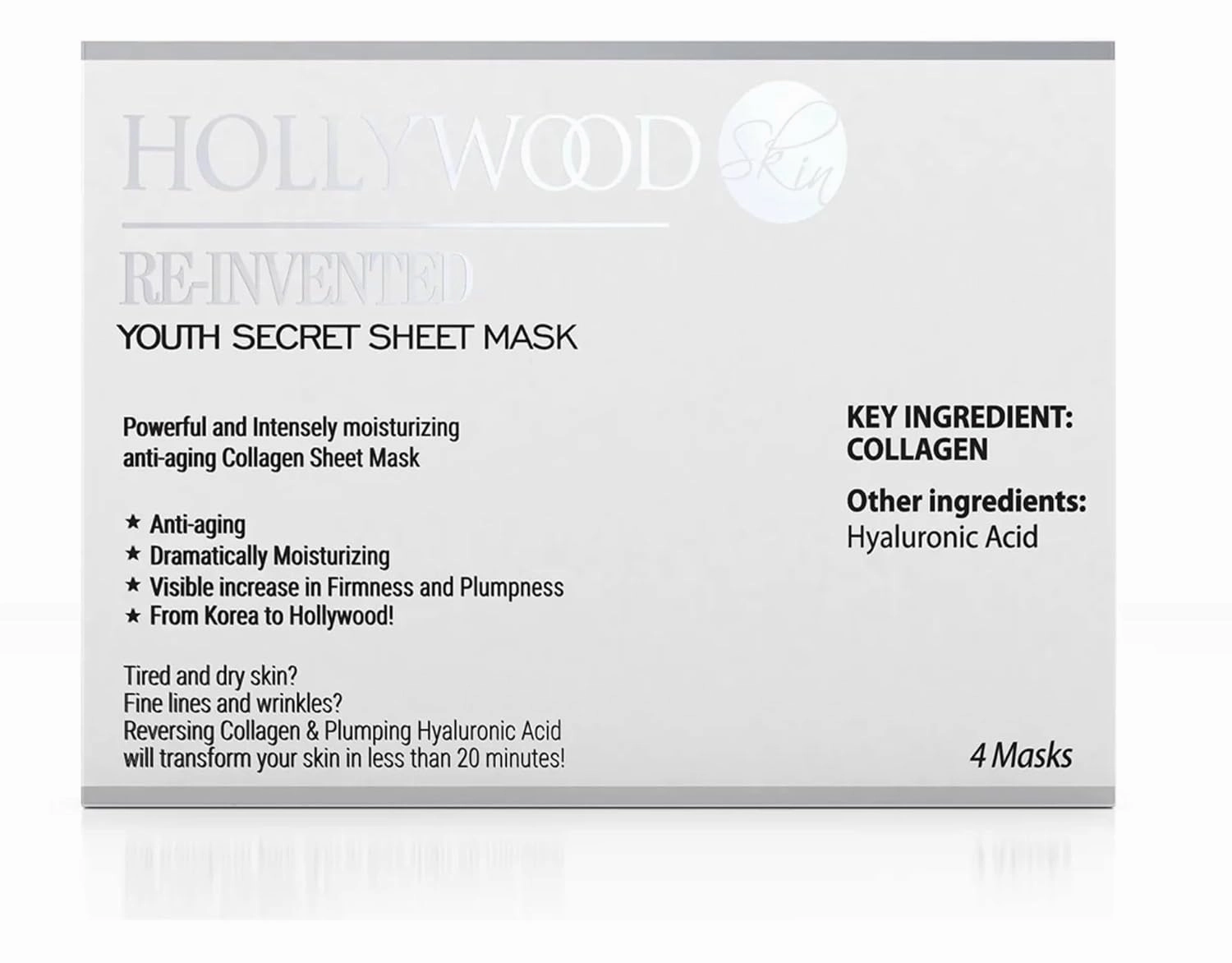 hollywoodskin 2023 AWARD- WINNING Korean Sheet Mask. 5X MORE EFFECTIVE. With Hyaluronic Acid & Collagen. Anti-age skincare face masks. Reduces fine lines & wrinkles. Pack of 4.