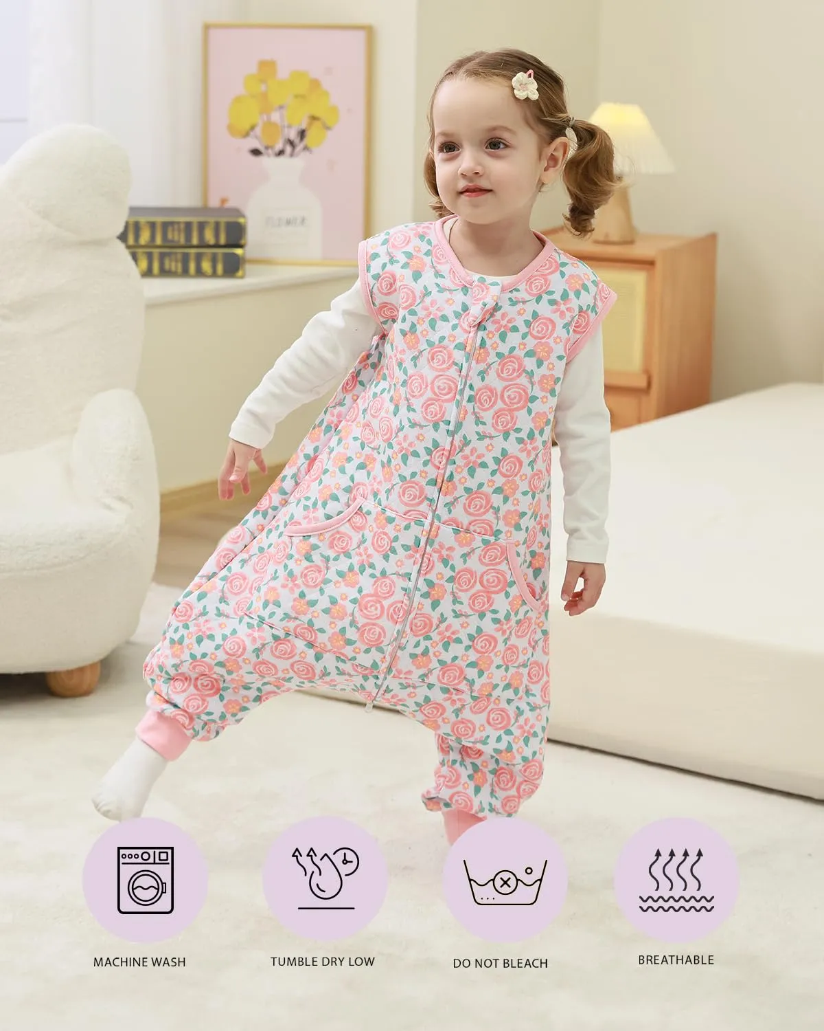 HOMEAL 1.0Tog Sleep Sack with Feet, Toddler Sleep Sacks 3T-5T, Pink Rose