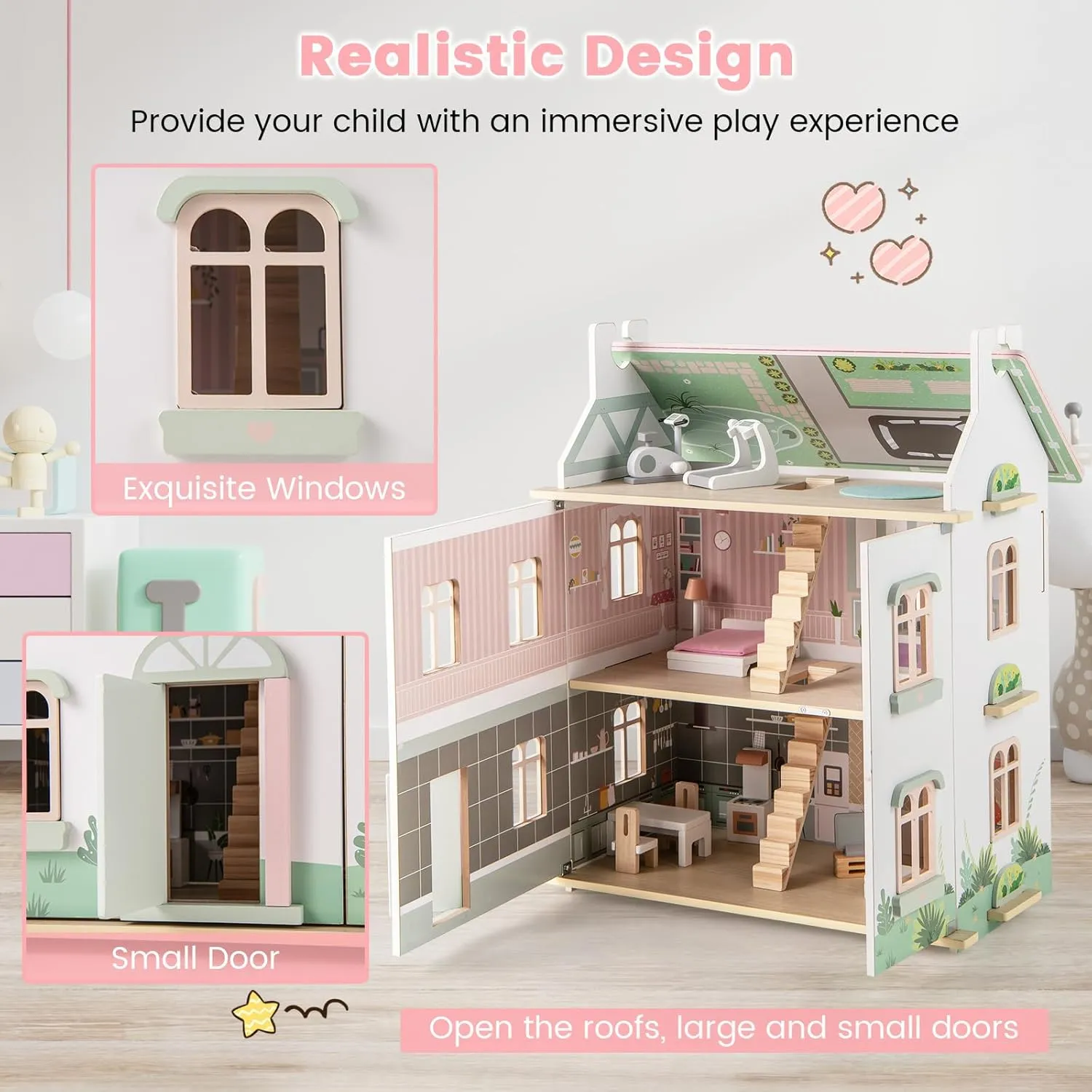 HONEY JOY Doll House, 3-Story Wooden Dollhouse Playset w/Double-Sided Roofs, 5 Rooms, 19 Accessories & Miniature Furniture, Pretend Play Toddler Big Doll House, Gift for Kids Aged 3  (Pink, 2.2 FT)