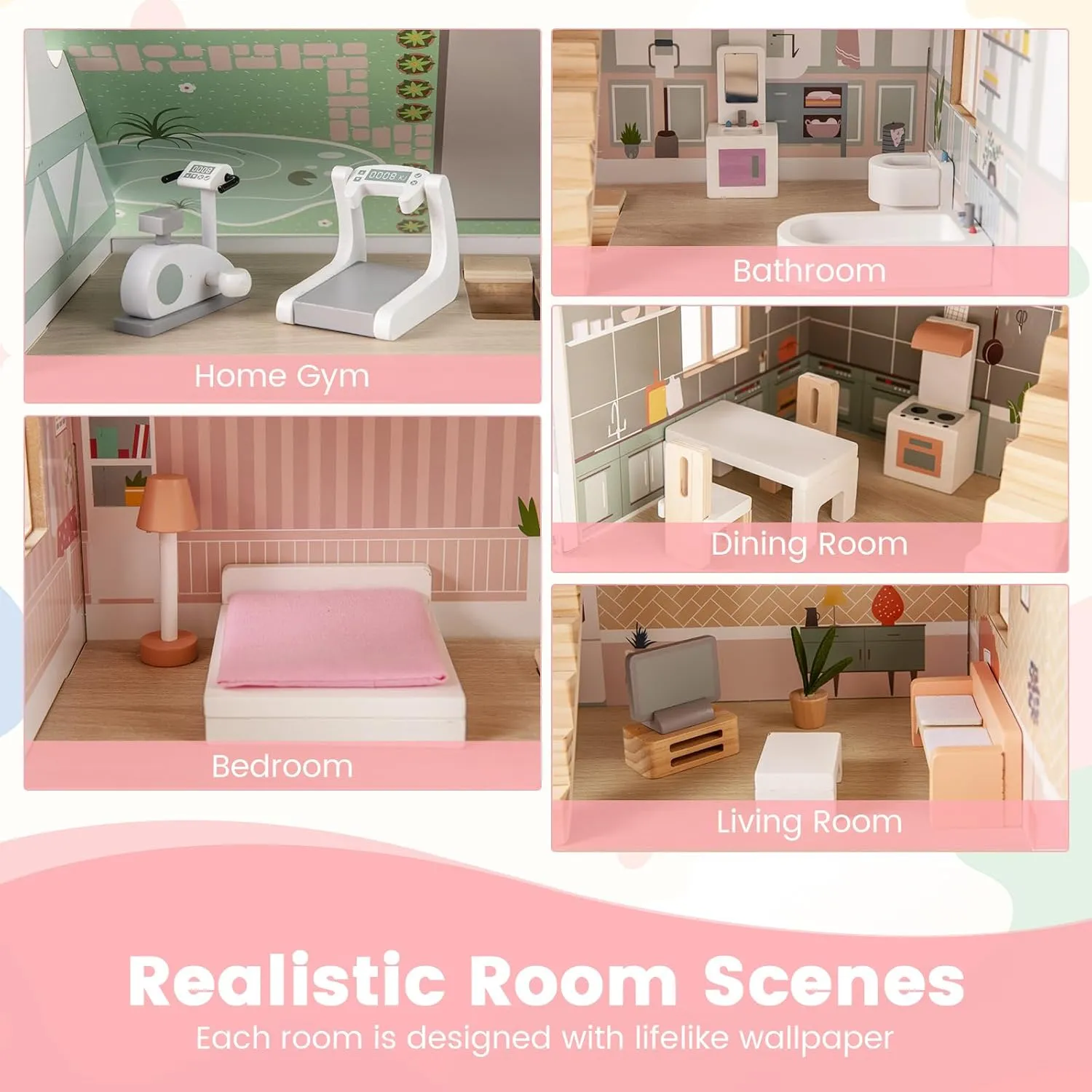 HONEY JOY Doll House, 3-Story Wooden Dollhouse Playset w/Double-Sided Roofs, 5 Rooms, 19 Accessories & Miniature Furniture, Pretend Play Toddler Big Doll House, Gift for Kids Aged 3  (Pink, 2.2 FT)