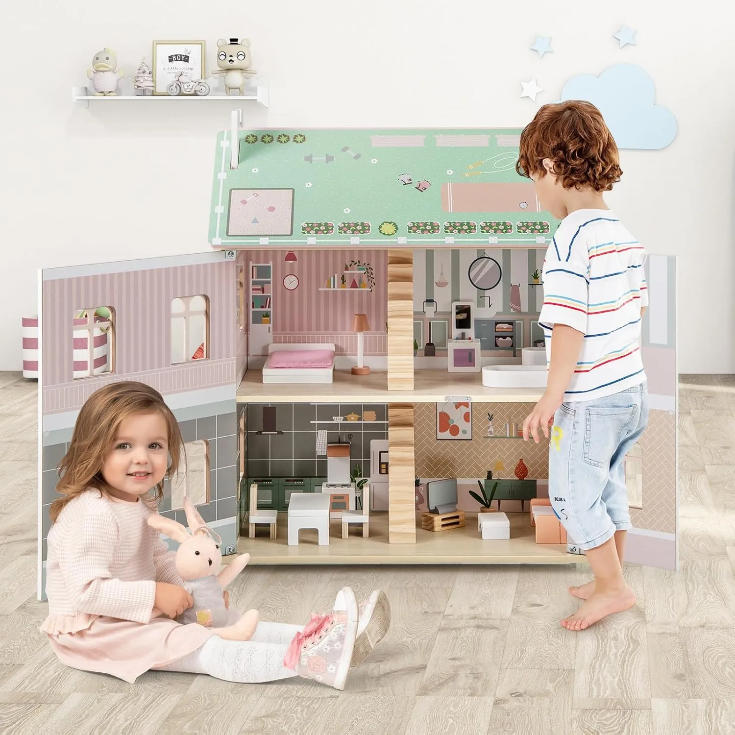 HONEY JOY Doll House, 3-Story Wooden Dollhouse Playset w/Double-Sided Roofs, 5 Rooms, 19 Accessories & Miniature Furniture, Pretend Play Toddler Big Doll House, Gift for Kids Aged 3  (Pink, 2.2 FT)