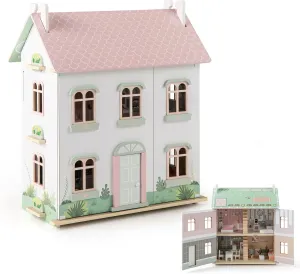 HONEY JOY Doll House, 3-Story Wooden Dollhouse Playset w/Double-Sided Roofs, 5 Rooms, 19 Accessories & Miniature Furniture, Pretend Play Toddler Big Doll House, Gift for Kids Aged 3  (Pink, 2.2 FT)