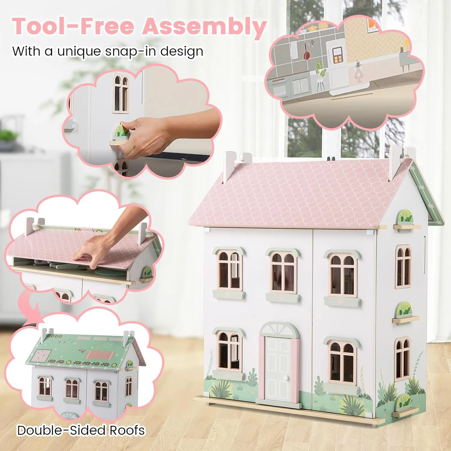 HONEY JOY Doll House, 3-Story Wooden Dollhouse Playset w/Double-Sided Roofs, 5 Rooms, 19 Accessories & Miniature Furniture, Pretend Play Toddler Big Doll House, Gift for Kids Aged 3  (Pink, 2.2 FT)