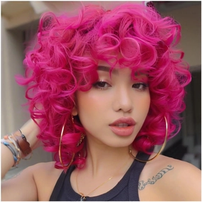 Hot Pink Curly Wig for Black Women Soft Short Curly Wig with Bangs for American Women Wigs（Large Earrings Makeup Sponge Wig Cap） (Hot Pink)