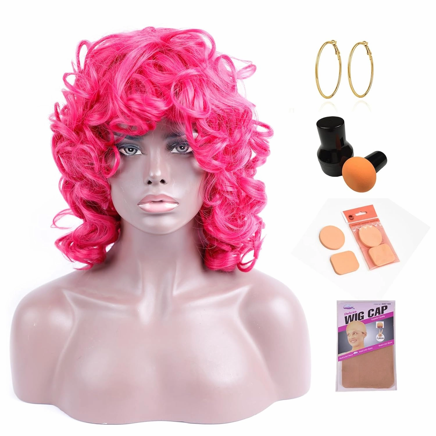Hot Pink Curly Wig for Black Women Soft Short Curly Wig with Bangs for American Women Wigs（Large Earrings Makeup Sponge Wig Cap） (Hot Pink)