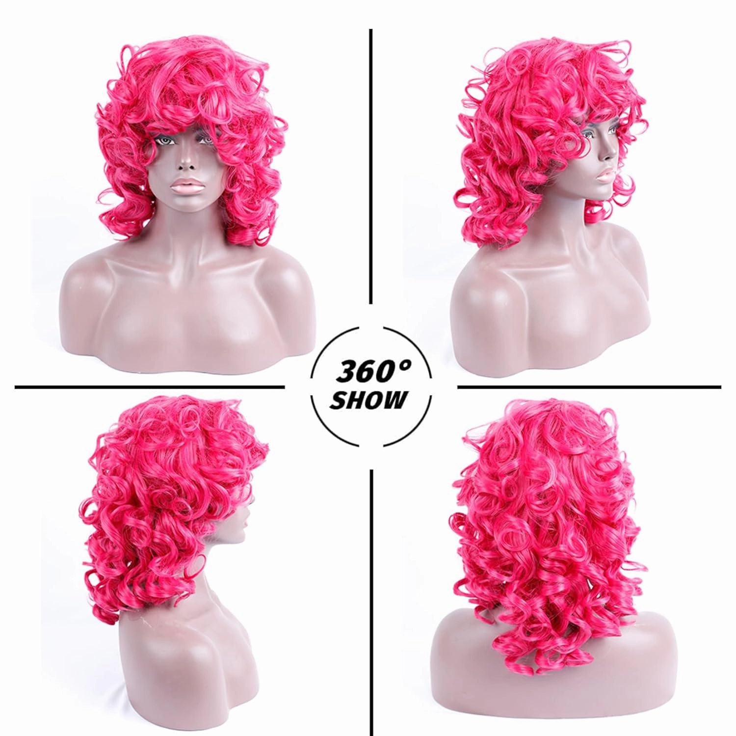 Hot Pink Curly Wig for Black Women Soft Short Curly Wig with Bangs for American Women Wigs（Large Earrings Makeup Sponge Wig Cap） (Hot Pink)