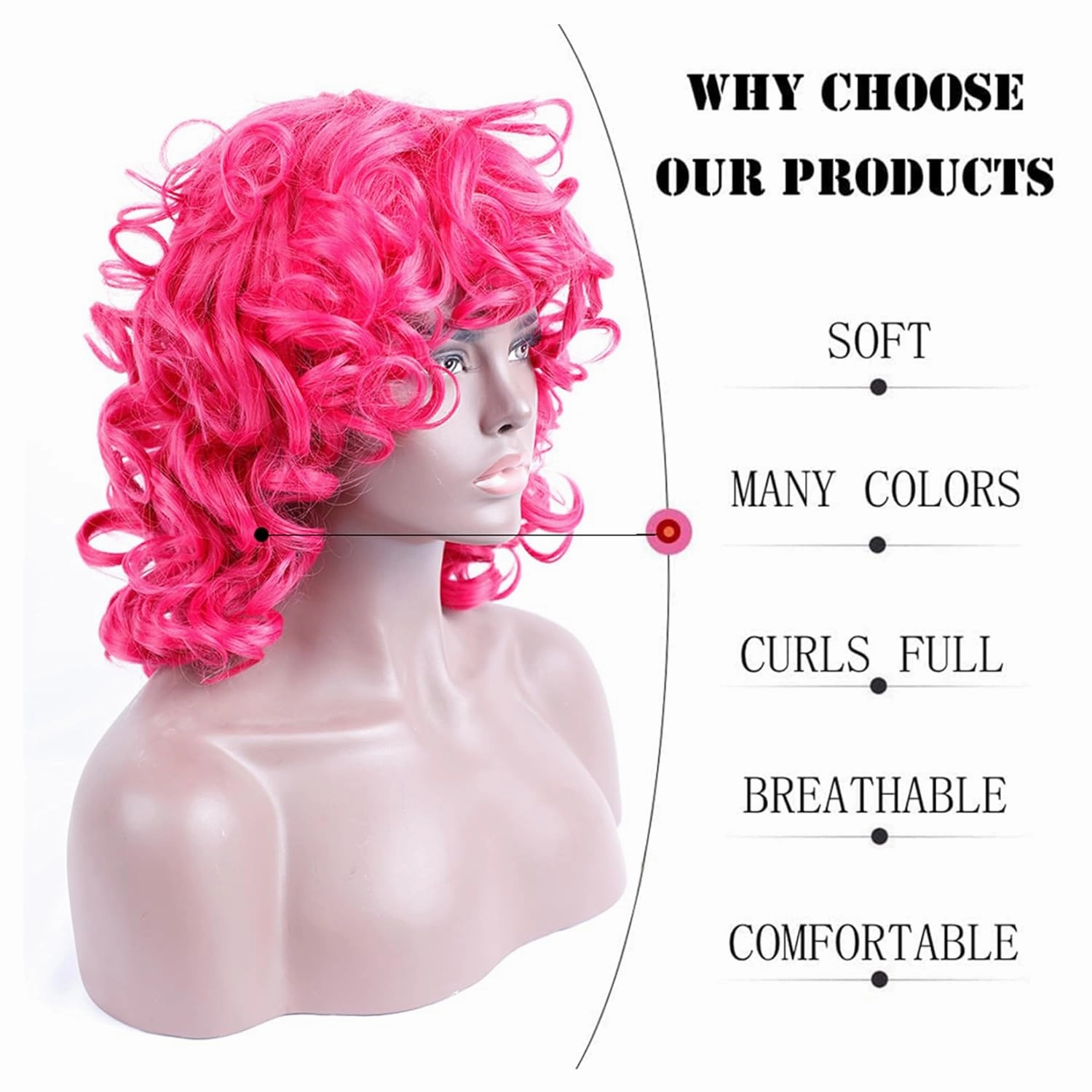 Hot Pink Curly Wig for Black Women Soft Short Curly Wig with Bangs for American Women Wigs（Large Earrings Makeup Sponge Wig Cap） (Hot Pink)