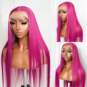 Hot Pink Lace Front Wig Long Glueless Lace Wigs for Women 24 Inch Straight Hair 13X3 Rose Red Colored Synthetic Lace Front Wigs Pre Plucked