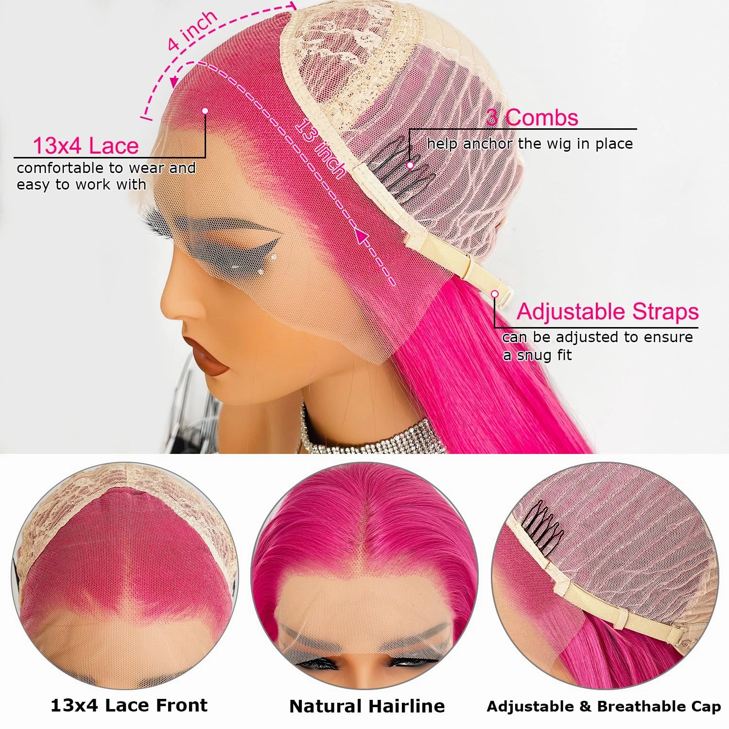 Hot Pink Lace Front Wig Long Glueless Lace Wigs for Women 24 Inch Straight Hair 13X3 Rose Red Colored Synthetic Lace Front Wigs Pre Plucked