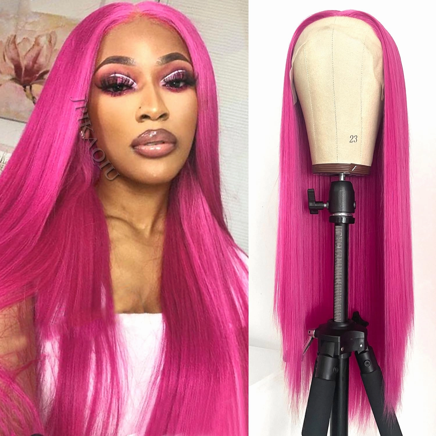Hot Pink Lace Front Wig Long Glueless Lace Wigs for Women 24 Inch Straight Hair 13X3 Rose Red Colored Synthetic Lace Front Wigs Pre Plucked