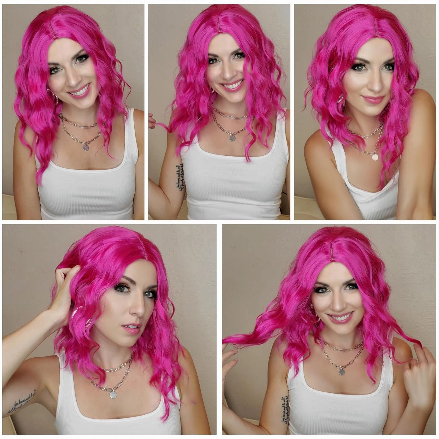 Hot Pink Wig for Women Wavy Curly Pink Bob Wigs Middle Part 14 Inch Shoulder Length Heat Resistant Synthetic Colorful Wig