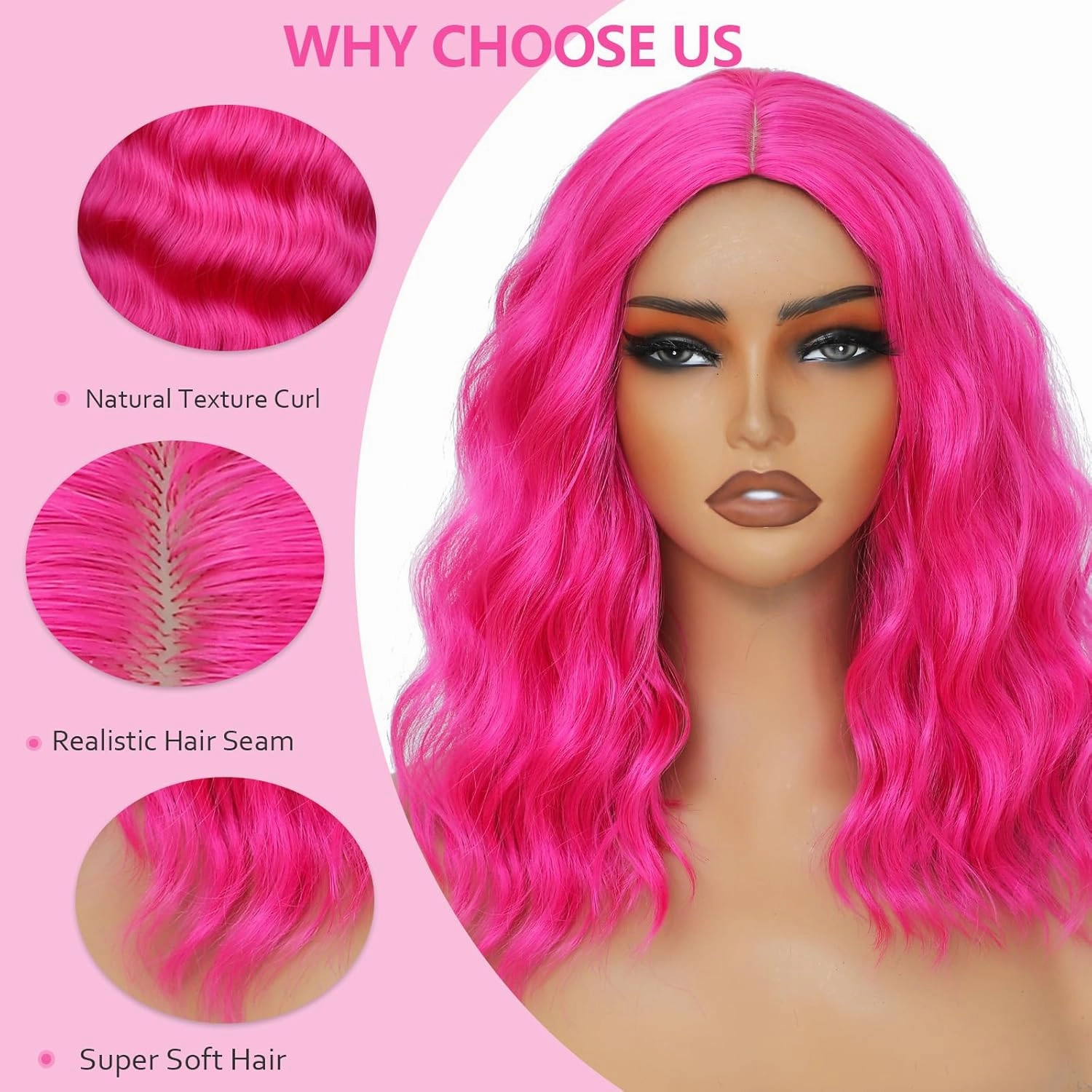 Hot Pink Wig for Women Wavy Curly Pink Bob Wigs Middle Part 14 Inch Shoulder Length Heat Resistant Synthetic Colorful Wig