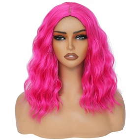 Hot Pink Wig for Women Wavy Curly Pink Bob Wigs Middle Part 14 Inch Shoulder Length Heat Resistant Synthetic Colorful Wig