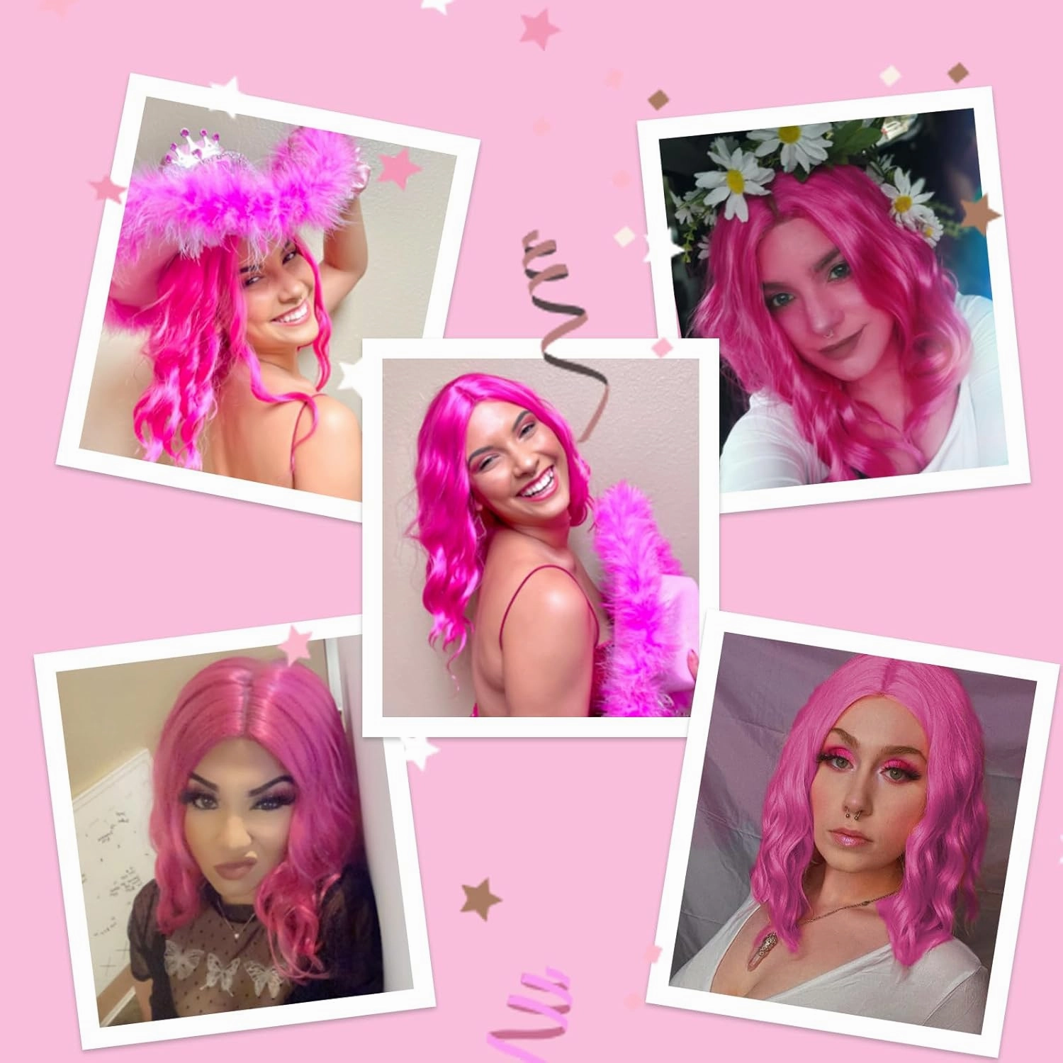 Hot Pink Wig for Women Wavy Curly Pink Bob Wigs Middle Part 14 Inch Shoulder Length Heat Resistant Synthetic Colorful Wig