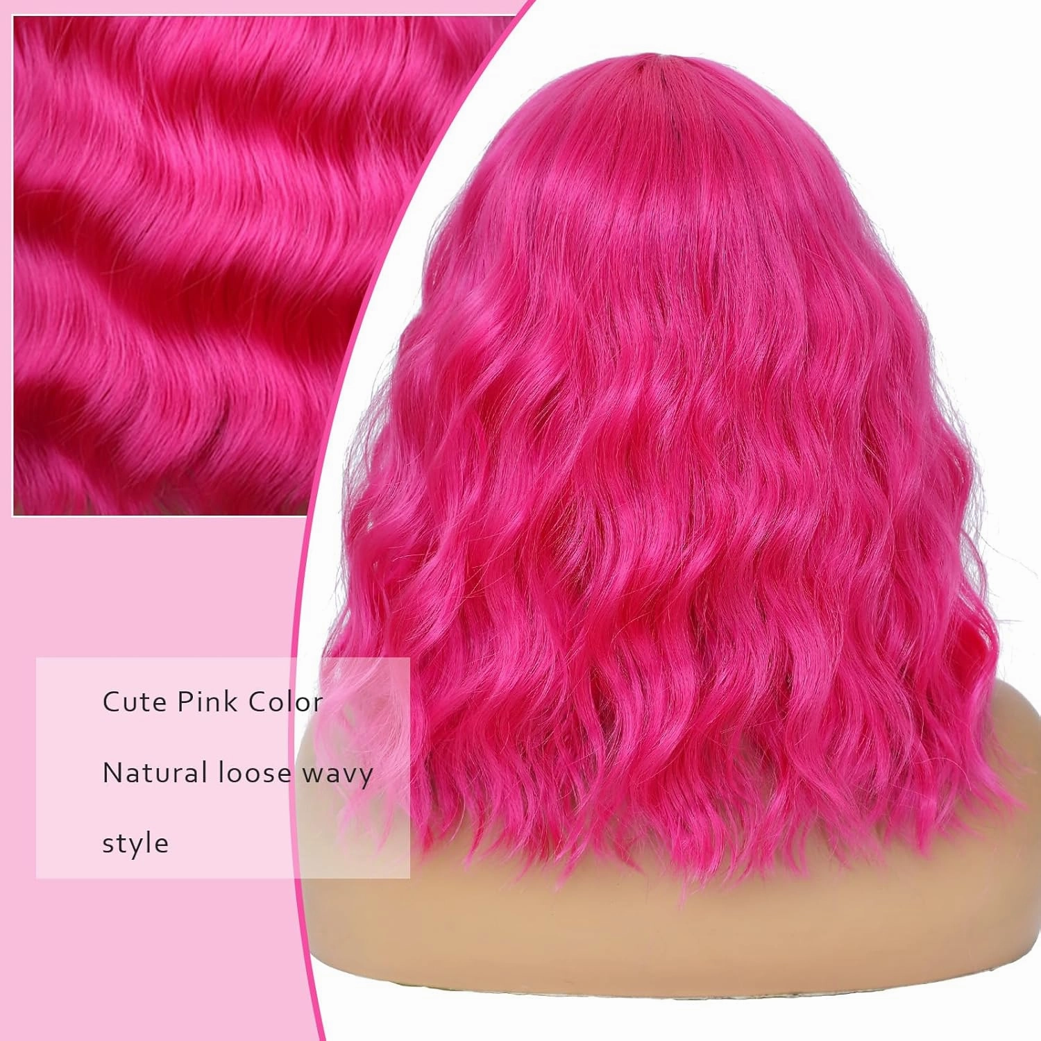 Hot Pink Wig for Women Wavy Curly Pink Bob Wigs Middle Part 14 Inch Shoulder Length Heat Resistant Synthetic Colorful Wig
