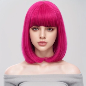 Hot Pink Wig Short Straight Bob Wig with Bangs Rose Red Wigs Women Girls Synthetic Wigs Daily Cosplay Party Wig with Wig Cap