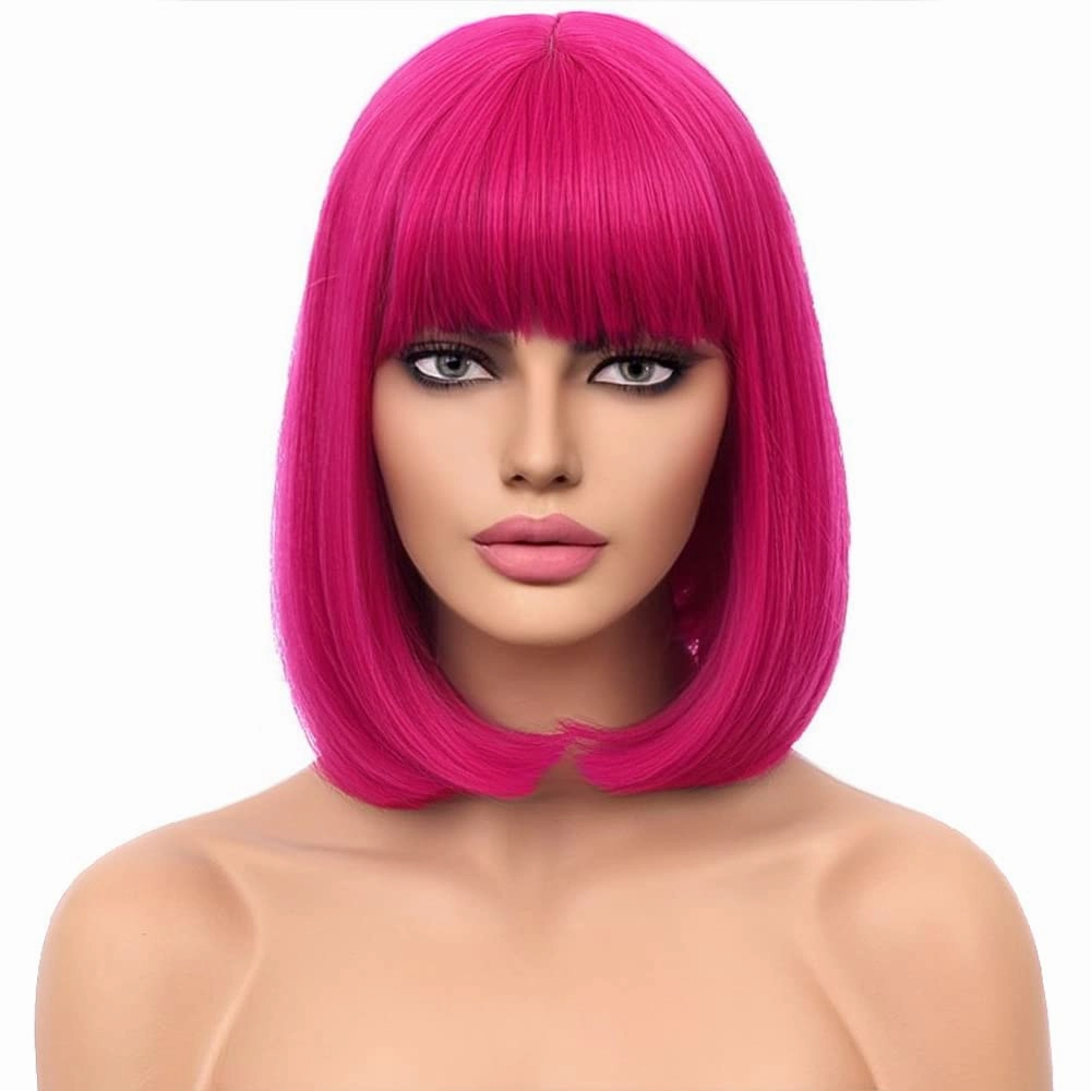 Hot Pink Wig Short Straight Bob Wig with Bangs Rose Red Wigs Women Girls Synthetic Wigs Daily Cosplay Party Wig with Wig Cap