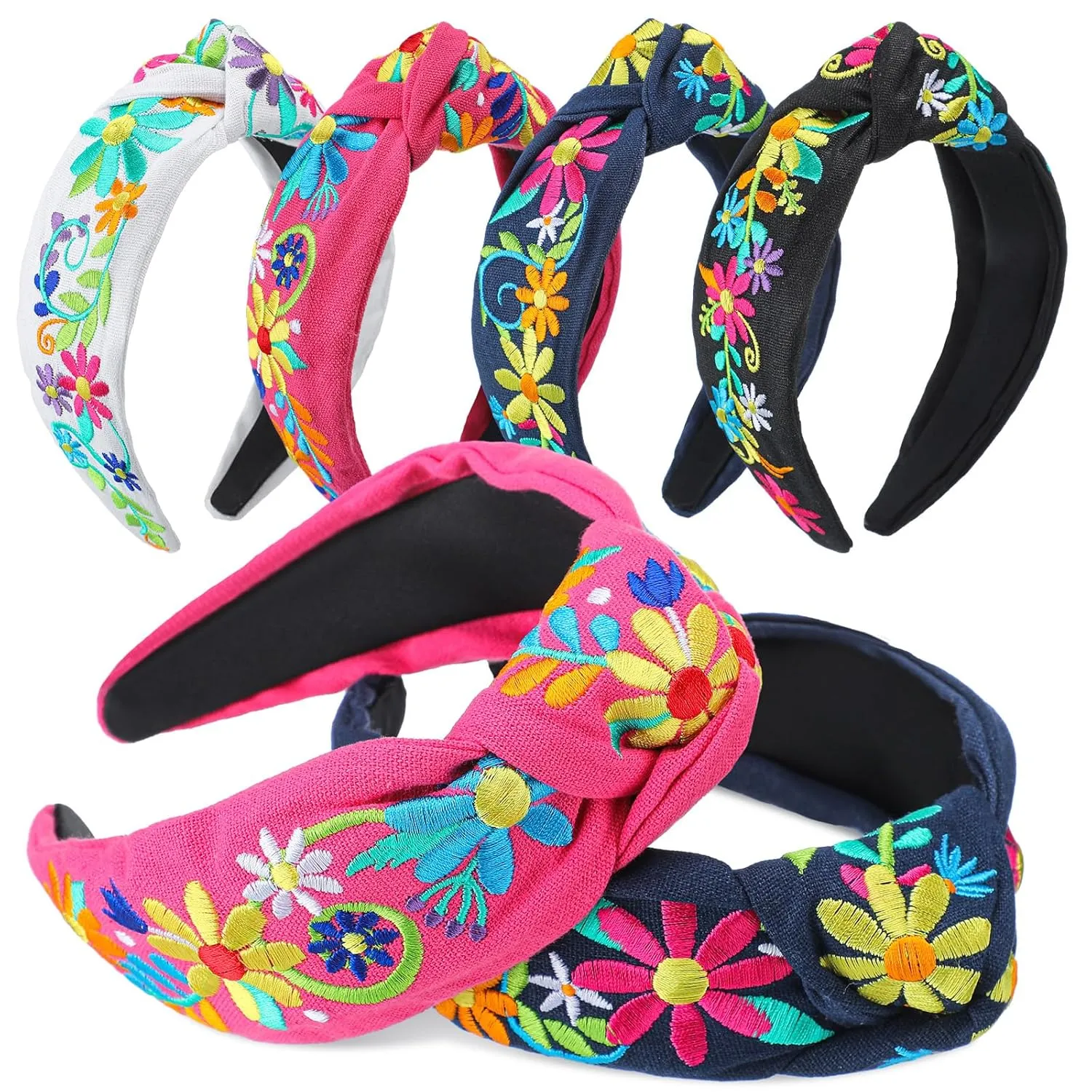 Hoteam 4 Pcs Mexican Fiesta Headband for Women Cinco De Mayo Embroidery Flower Stripe Knotted Wide Headband for Girls Party Gifts Outfit, Day of the Dead, Mexican Independence Day(Flower)