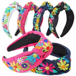 Hoteam 4 Pcs Mexican Fiesta Headband for Women Cinco De Mayo Embroidery Flower Stripe Knotted Wide Headband for Girls Party Gifts Outfit, Day of the Dead, Mexican Independence Day(Flower)