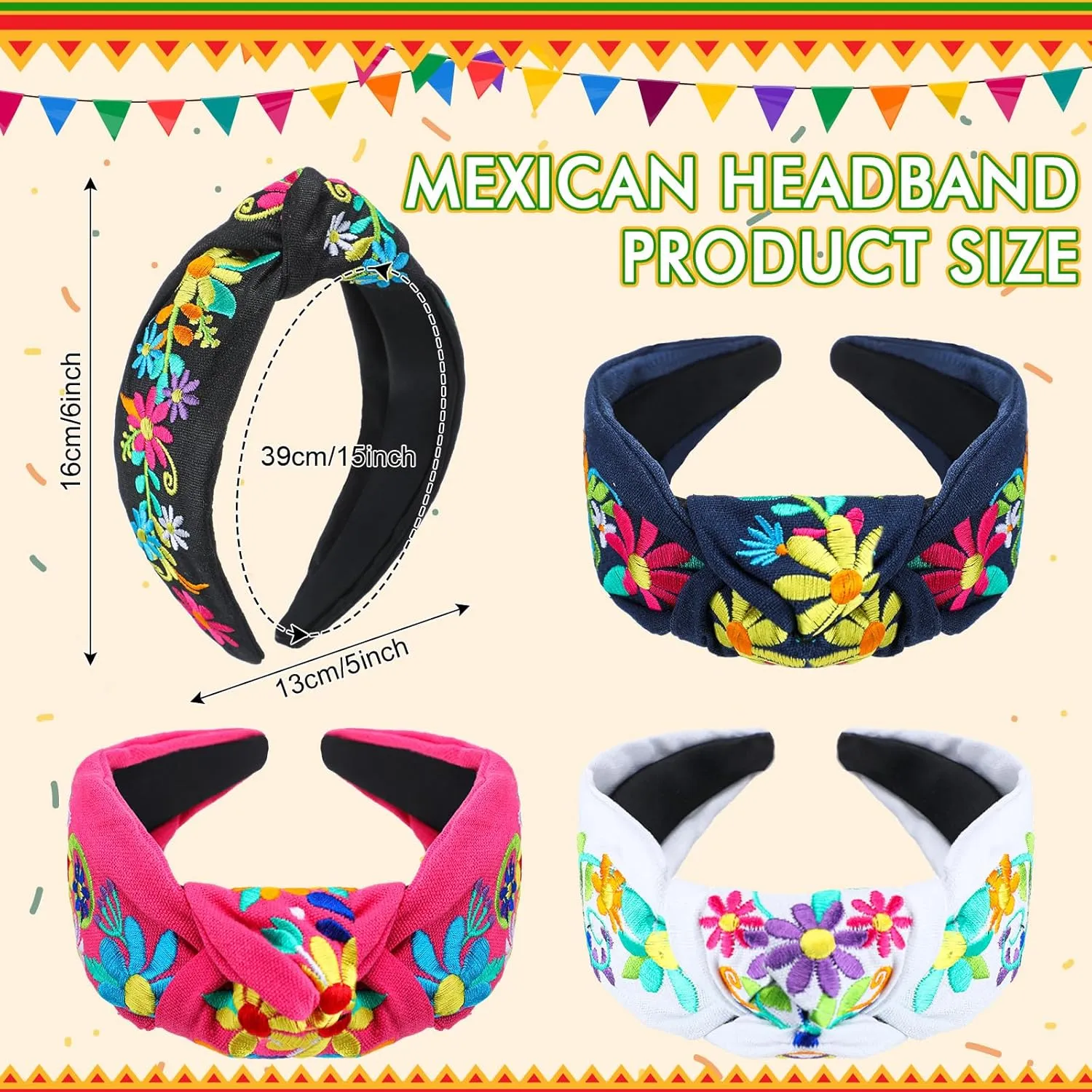 Hoteam 4 Pcs Mexican Fiesta Headband for Women Cinco De Mayo Embroidery Flower Stripe Knotted Wide Headband for Girls Party Gifts Outfit, Day of the Dead, Mexican Independence Day(Flower)