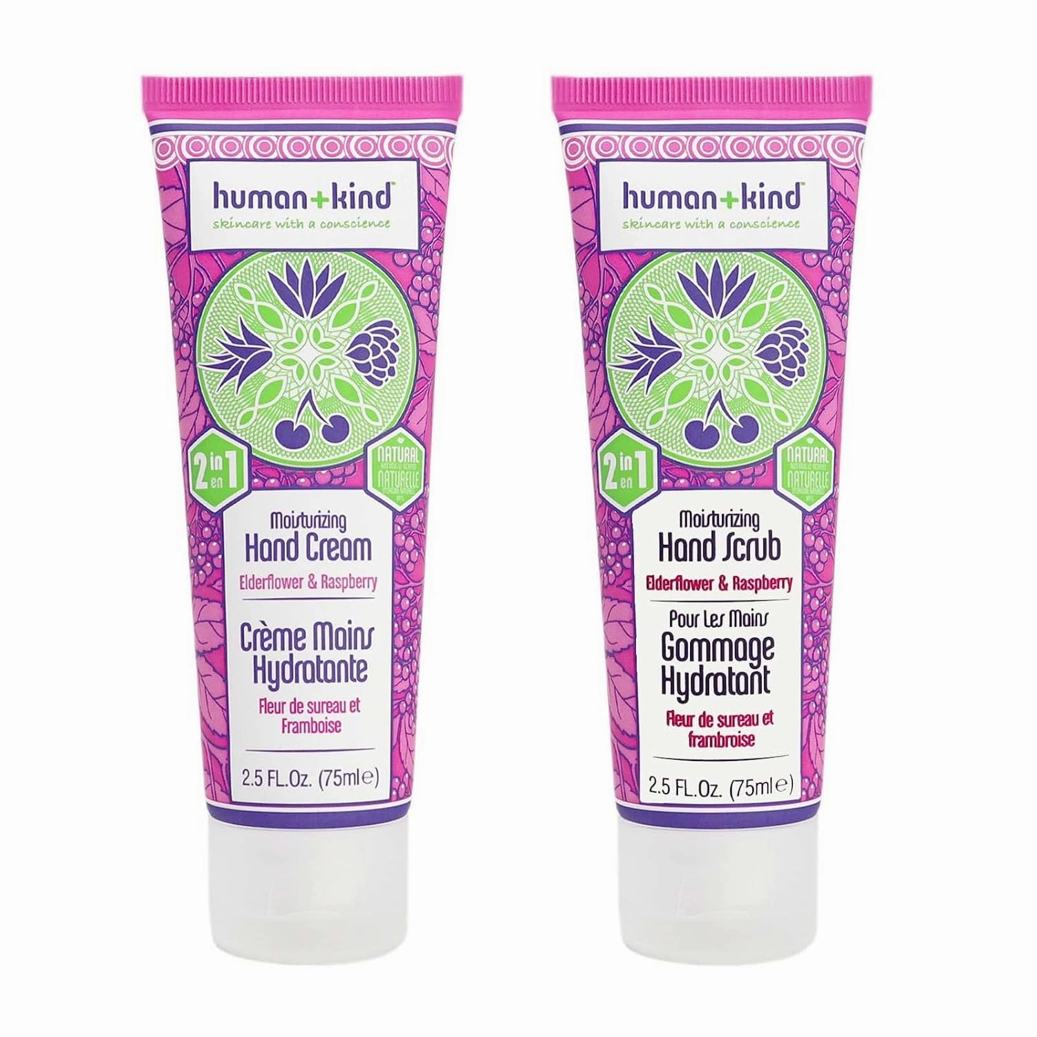 Human Kind Hand Set - Cleansing, Exfoliating Hand Scrub And Hydrating Hand Cream - Natural, Calming Fragrances Of Elderflower And Raspberry - Nourishing Ingredients - Vegan And Cruelty-Free - 2 Pc