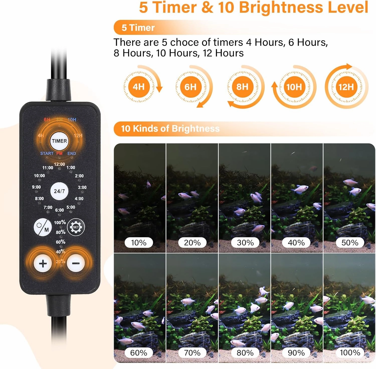 hygger Submersible LED Aquarium Light, 8W 7 in 24/7 Mode Fish Tank Light with 5 Rows Beads, with Timer 9 Colors and Adjustable Brightness, Full Spectrum IP68 Waterproof Light for Fish Tank 8-17 inch