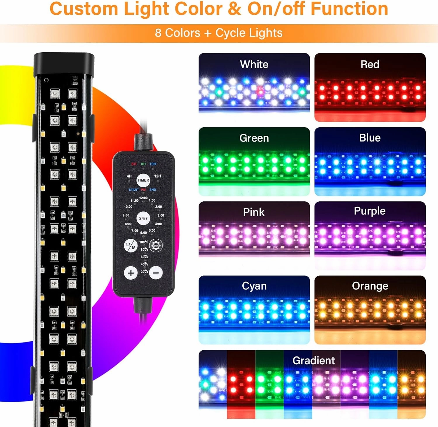 hygger Submersible LED Aquarium Light, 8W 7 in 24/7 Mode Fish Tank Light with 5 Rows Beads, with Timer 9 Colors and Adjustable Brightness, Full Spectrum IP68 Waterproof Light for Fish Tank 8-17 inch