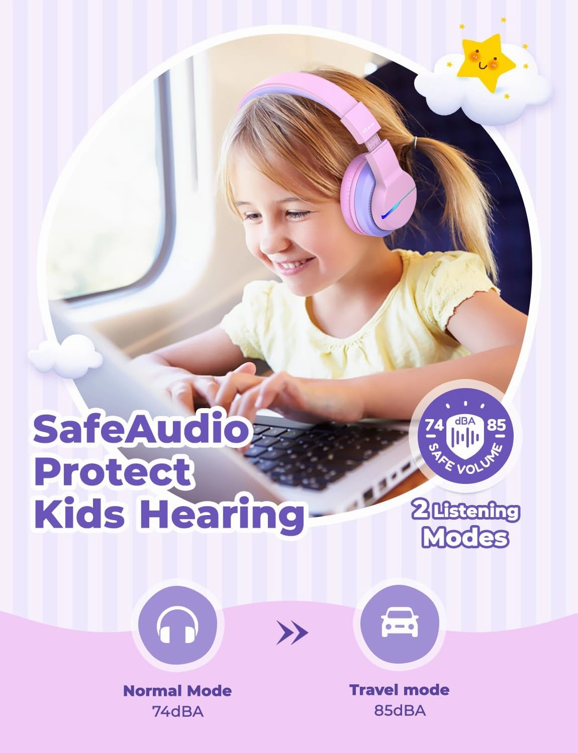 iClever BTH12 Kids Bluetooth Headphones,Colorful LED Lights,74/85dBA Safe Volume,85H Playtime,Bluetooth 5.2,Over Ear Headphones Built-in Mic for iPad/Tablet/Airplane,Blossom Pink