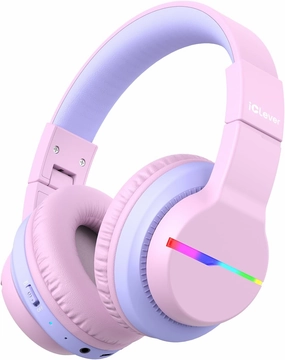 iClever BTH12 Kids Bluetooth Headphones,Colorful LED Lights,74/85dBA Safe Volume,85H Playtime,Bluetooth 5.2,Over Ear Headphones Built-in Mic for iPad/Tablet/Airplane,Blossom Pink