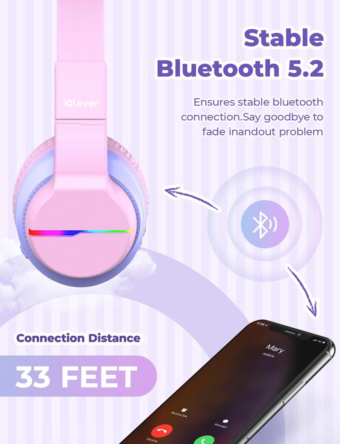 iClever BTH12 Kids Bluetooth Headphones,Colorful LED Lights,74/85dBA Safe Volume,85H Playtime,Bluetooth 5.2,Over Ear Headphones Built-in Mic for iPad/Tablet/Airplane,Blossom Pink