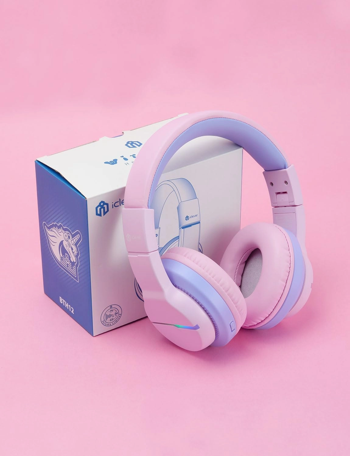 iClever BTH12 Kids Bluetooth Headphones,Colorful LED Lights,74/85dBA Safe Volume,85H Playtime,Bluetooth 5.2,Over Ear Headphones Built-in Mic for iPad/Tablet/Airplane,Blossom Pink