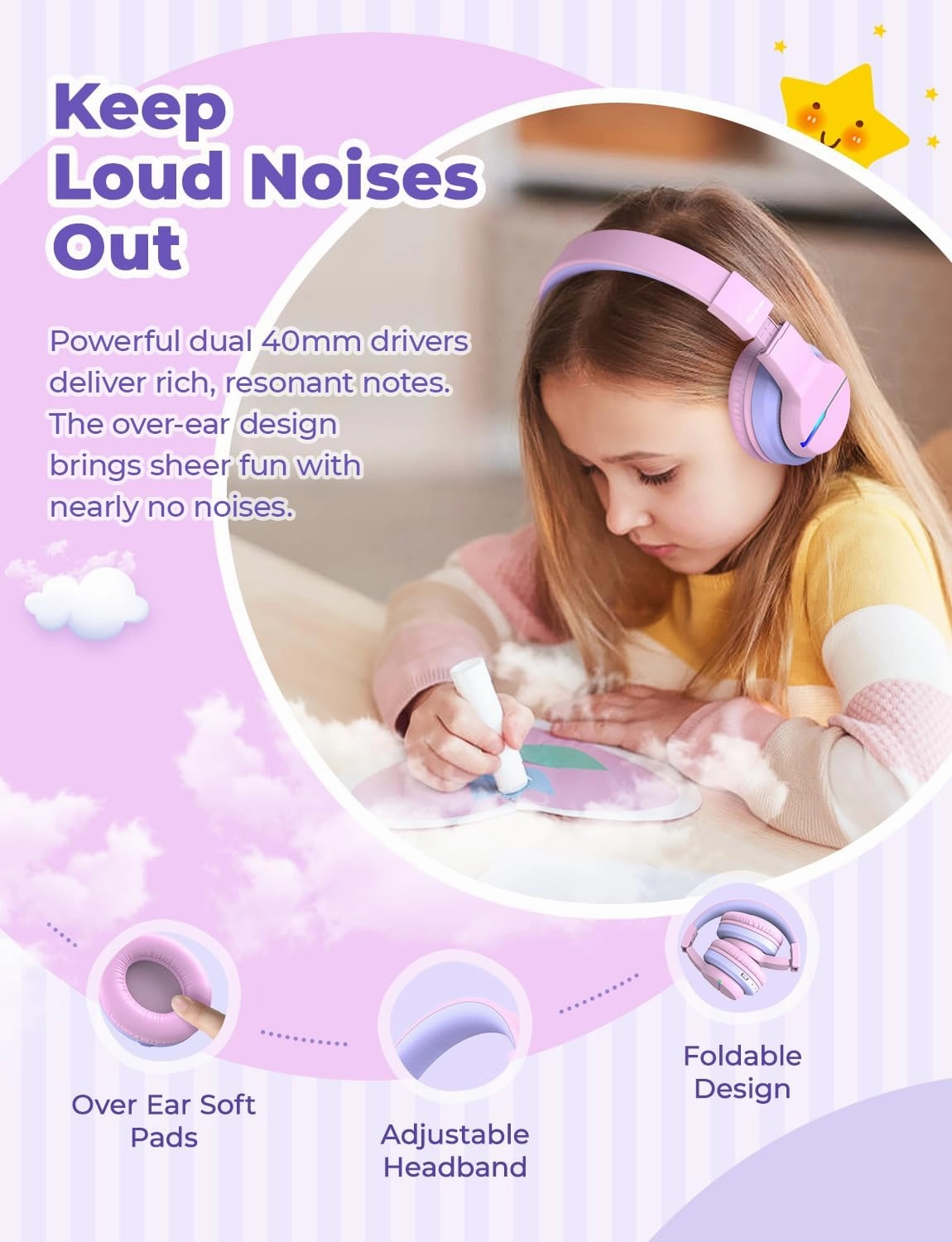 iClever BTH12 Kids Bluetooth Headphones,Colorful LED Lights,74/85dBA Safe Volume,85H Playtime,Bluetooth 5.2,Over Ear Headphones Built-in Mic for iPad/Tablet/Airplane,Blossom Pink